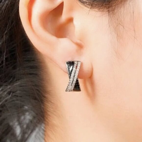 Silver Plated Black Diamond Embellished Earrings - Picture 6 of 7